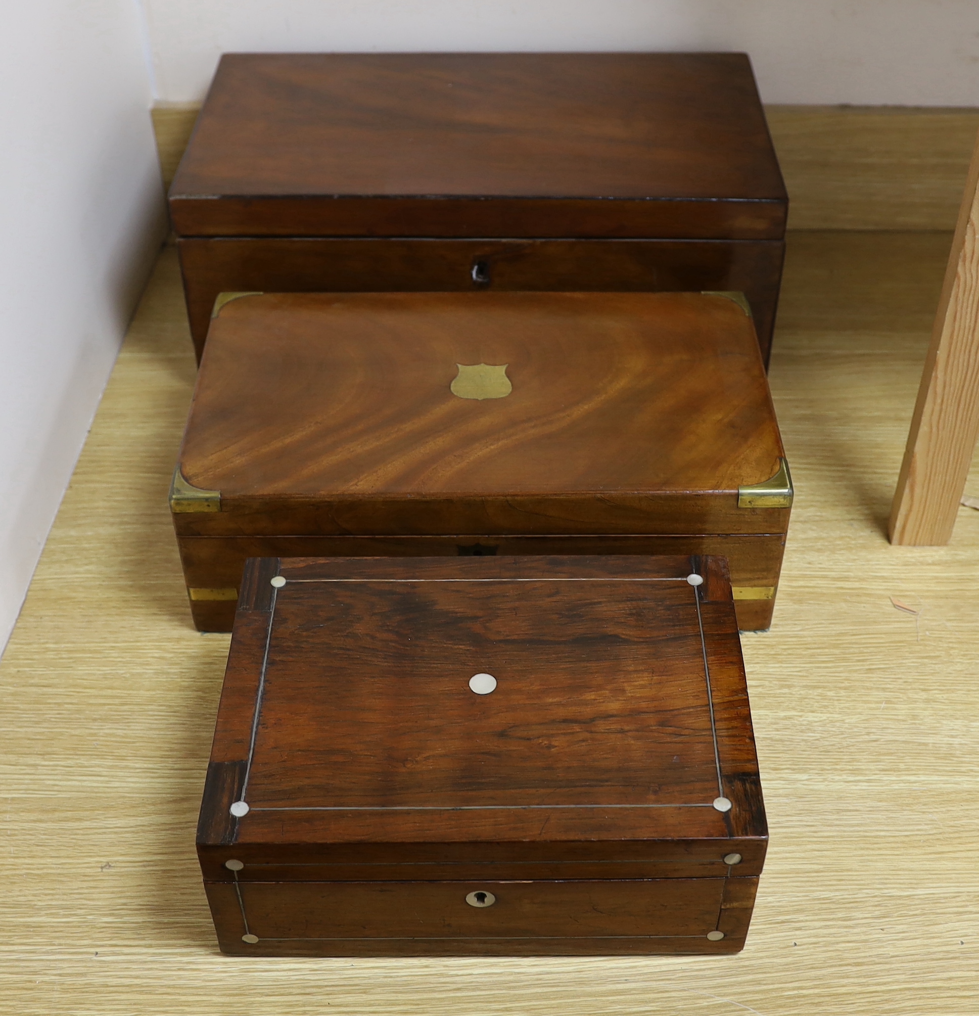 Two Victorian writing slopes and a mother of pearl inlaid box, largest 47cm wide, 26.5cm deep, 18cm high